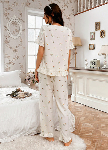 Молочная всесезон пижама (рубашка, брюки) рубашка + брюки SHEIN