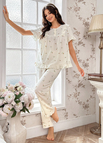 Молочная всесезон пижама (рубашка, брюки) рубашка + брюки SHEIN