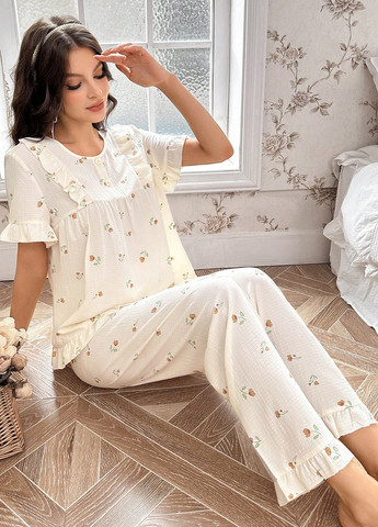 Молочная всесезон пижама (рубашка, брюки) рубашка + брюки SHEIN