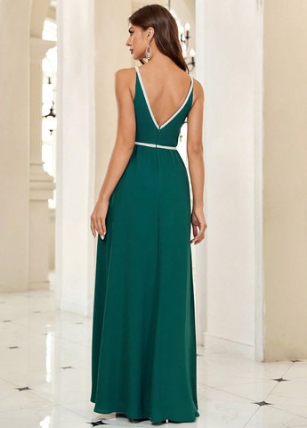 Темно-зеленое вечернее, праздничный платье клеш, с открытой спиной SHEIN однотонное