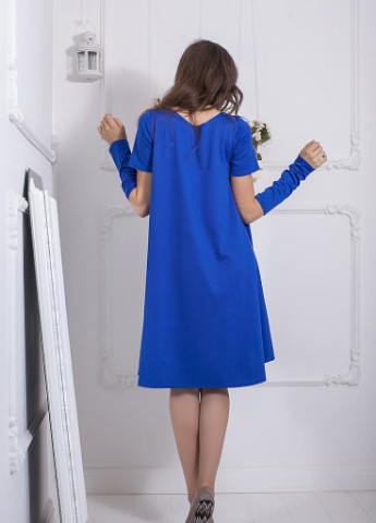 Синее кэжуал эффектное свободное платье из французского трикотажа с митенками vivien Podium однотонное