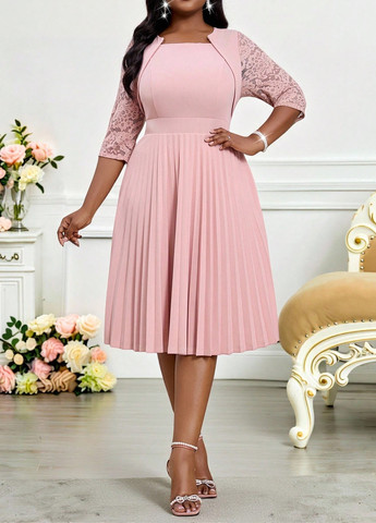 Светло-розовое праздничный, вечернее, кэжуал платье плиссированное SHEIN однотонное