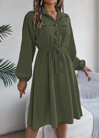 Оливковое (хаки) кэжуал платье клеш SHEIN однотонное