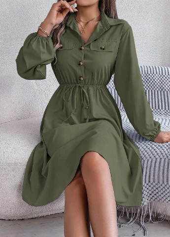 Оливковое (хаки) кэжуал платье клеш SHEIN однотонное