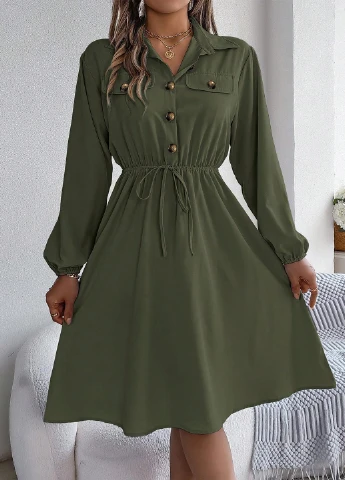 Оливковое (хаки) кэжуал платье клеш SHEIN однотонное