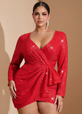 Красное коктейльное платье на запах SHEIN однотонное