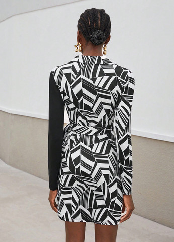 Черно-белое кэжуал платье на запах SHEIN с абстрактным узором