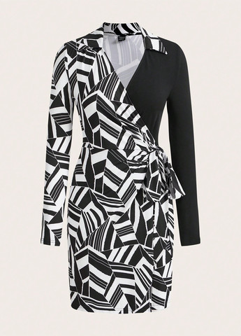 Черно-белое кэжуал платье на запах SHEIN с абстрактным узором