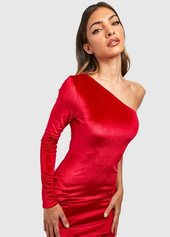 Червона коктейльна сукня на одне плече Boohoo однотонна