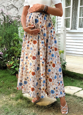 Разноцветная кэжуал цветочной расцветки юбка для беременных SHEIN а-силуэта (трапеция)