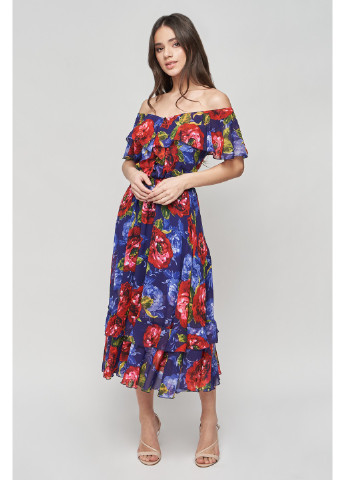 Комбинированное коктейльное шелковое платье бетани клеш, с пышной юбкой, с открытыми плечами BYURSE с цветочным принтом