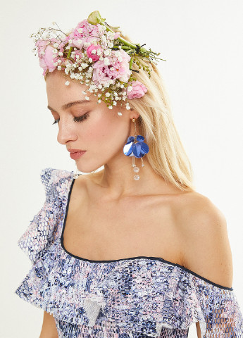 Синя кежуал плаття, сукня кльош, з відкритими плечима KOTON з квітковим принтом