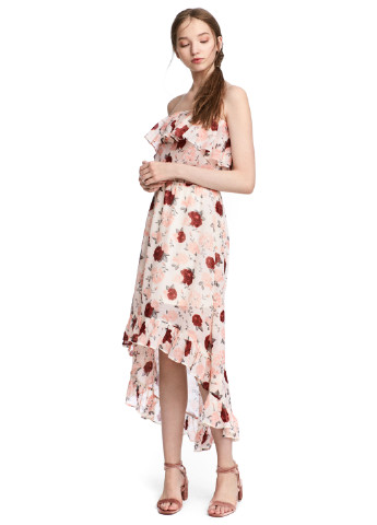 Бежевое кэжуал платье с открытыми плечами H&M с цветочным принтом