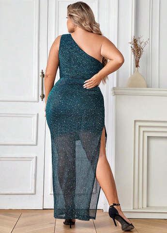 Морской волны вечернее, коктейльное платье на одно плечо SHEIN однотонное