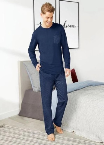 Пижама (лонгслив, брюки) Livergy лонгслив + брюки геометрическая тёмно-синяя домашняя хлопок, трикотаж