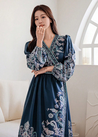 Синее вечернее, кэжуал платье на запах SHEIN турецкие огурцы