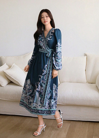 Синее вечернее, кэжуал платье на запах SHEIN турецкие огурцы