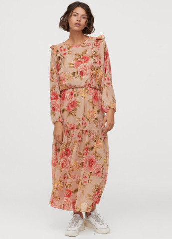 Светло-бежевое кэжуал платье клеш H&M с цветочным принтом