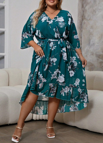 Темно-бирюзовое кэжуал платье клеш SHEIN с цветочным принтом