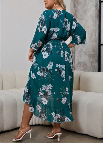 Темно-бирюзовое кэжуал платье клеш SHEIN с цветочным принтом