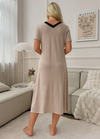 Бежевое домашнее платье а-силуэт SHEIN колор блок
