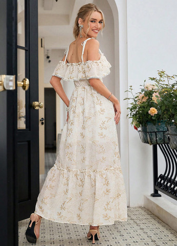 Білий кежуал сукня кльош, з відкритою спиною SHEIN з квітковим принтом