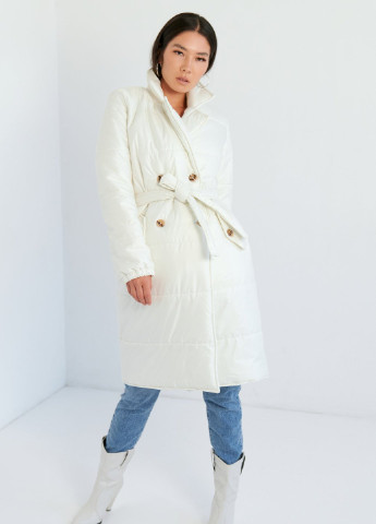 Білий демісезонне Стильне молочне пальто з поясом Gepur
