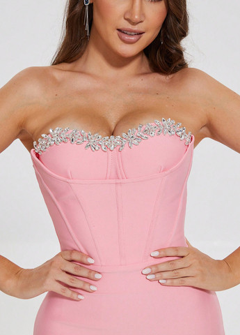 Світло-рожева святковий, вечірня сукня бандо, з відкритою спиною SHEIN однотонна