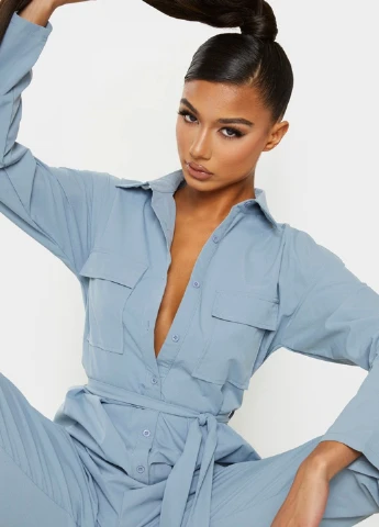 Комбинезон PrettyLittleThing комбинезон-брюки однотонный светло-синий кэжуал полиэстер