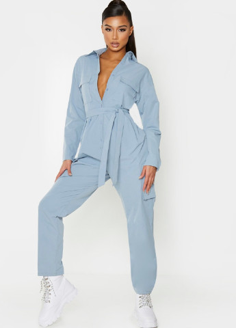 Комбинезон PrettyLittleThing комбинезон-брюки однотонный светло-синий кэжуал полиэстер
