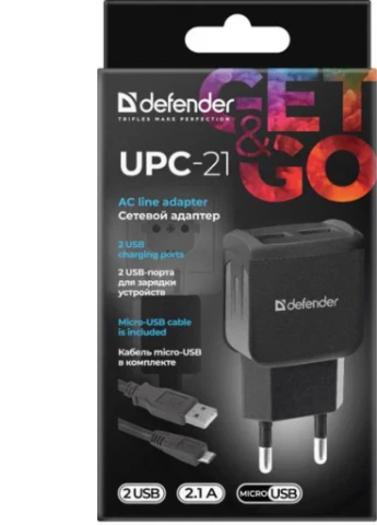 Зарядное устройство UPС-21 2xUSB,5V/2.1А кабель microUSB (83581) Defender (216637477)