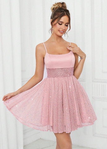 Рожева коктейльна, святковий сукня кльош, з відкритою спиною SHEIN однотонна