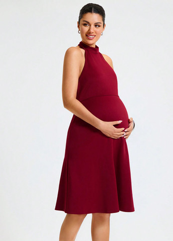 Вишневое кэжуал платье для беременных с открытой спиной, с открытыми плечами SHEIN однотонное