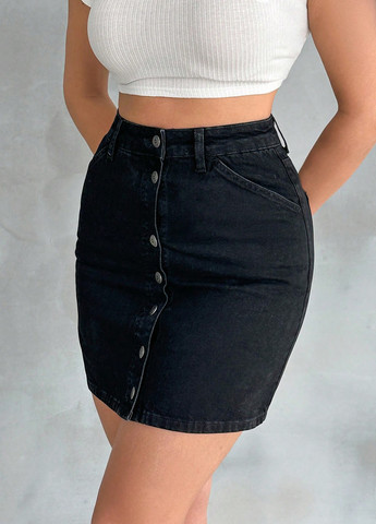 Черная джинсовая однотонная юбка SHEIN карандаш