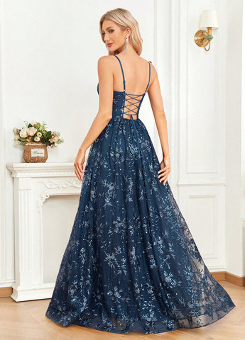 Бірюзова вечірня сукня з відкритою спиною, з пишною спідницею SHEIN з квітковим принтом