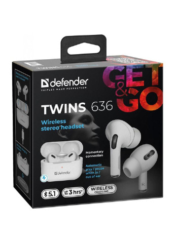 Наушники (63636) Defender Twins 636 TWS Pro Bluetooth White (250310643)