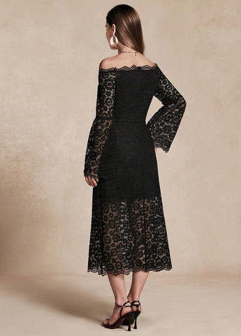 Чорна вечірня сукня силуетна, з відкритими плечима SHEIN з квітковим принтом