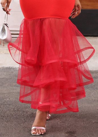 Червона святковий, коктейльна, вечірня сукня годе, з відкритими плечима, з відкритою спиною, а-силует SHEIN однотонна