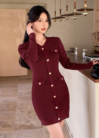 Бордова кежуал сукня силуетна, сукня светр SHEIN однотонна
