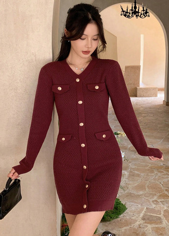 Бордова кежуал сукня силуетна, сукня светр SHEIN однотонна
