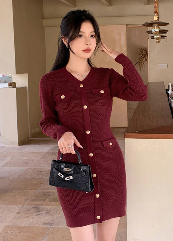 Бордова кежуал сукня силуетна, сукня светр SHEIN однотонна