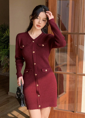 Бордова кежуал сукня силуетна, сукня светр SHEIN однотонна