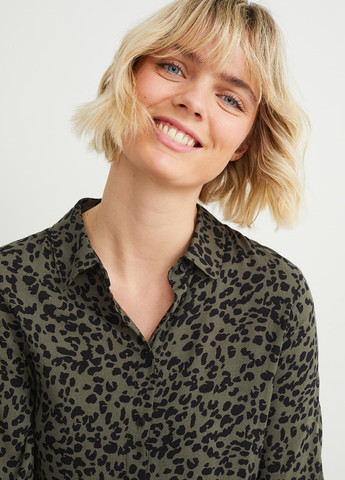 Оливковое (хаки) кэжуал платье клеш, рубашка C&A с животным (анималистичным) принтом