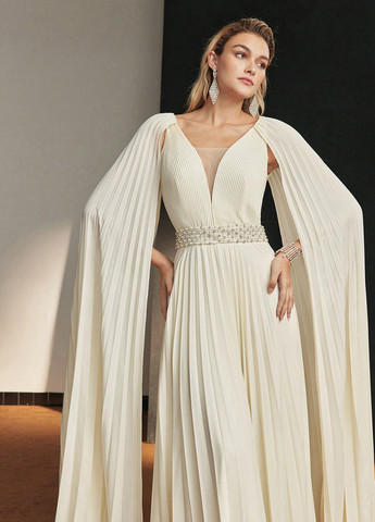 Кремова святковий сукня сукня-кейп, а-силует, плісована SHEIN однотонна