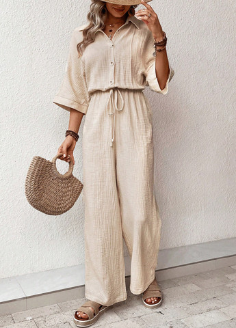 Комбинезон SHEIN комбинезон-брюки однотонный светло-бежевый кэжуал хлопок