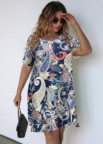 Синее кэжуал платье а-силуэт SHEIN с абстрактным узором