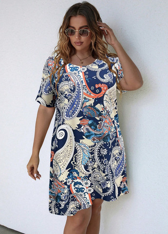 Синее кэжуал платье а-силуэт SHEIN с абстрактным узором