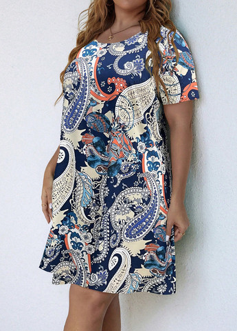 Синее кэжуал платье а-силуэт SHEIN с абстрактным узором