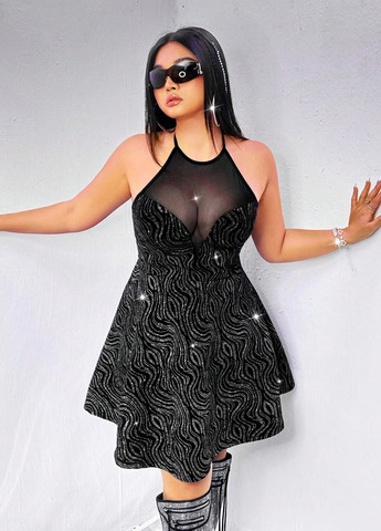 Черное вечернее платье клеш, с открытой спиной SHEIN однотонное