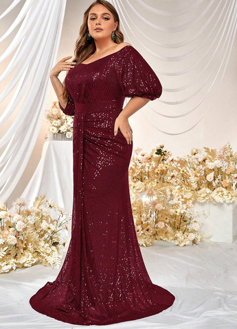 Бордова вечірня сукня годе, зі шлейфом, з відкритими плечима SHEIN однотонна